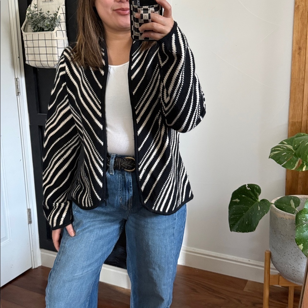 Vintage Talbots 100% Wool Striped Open Front Cardigan. Size L